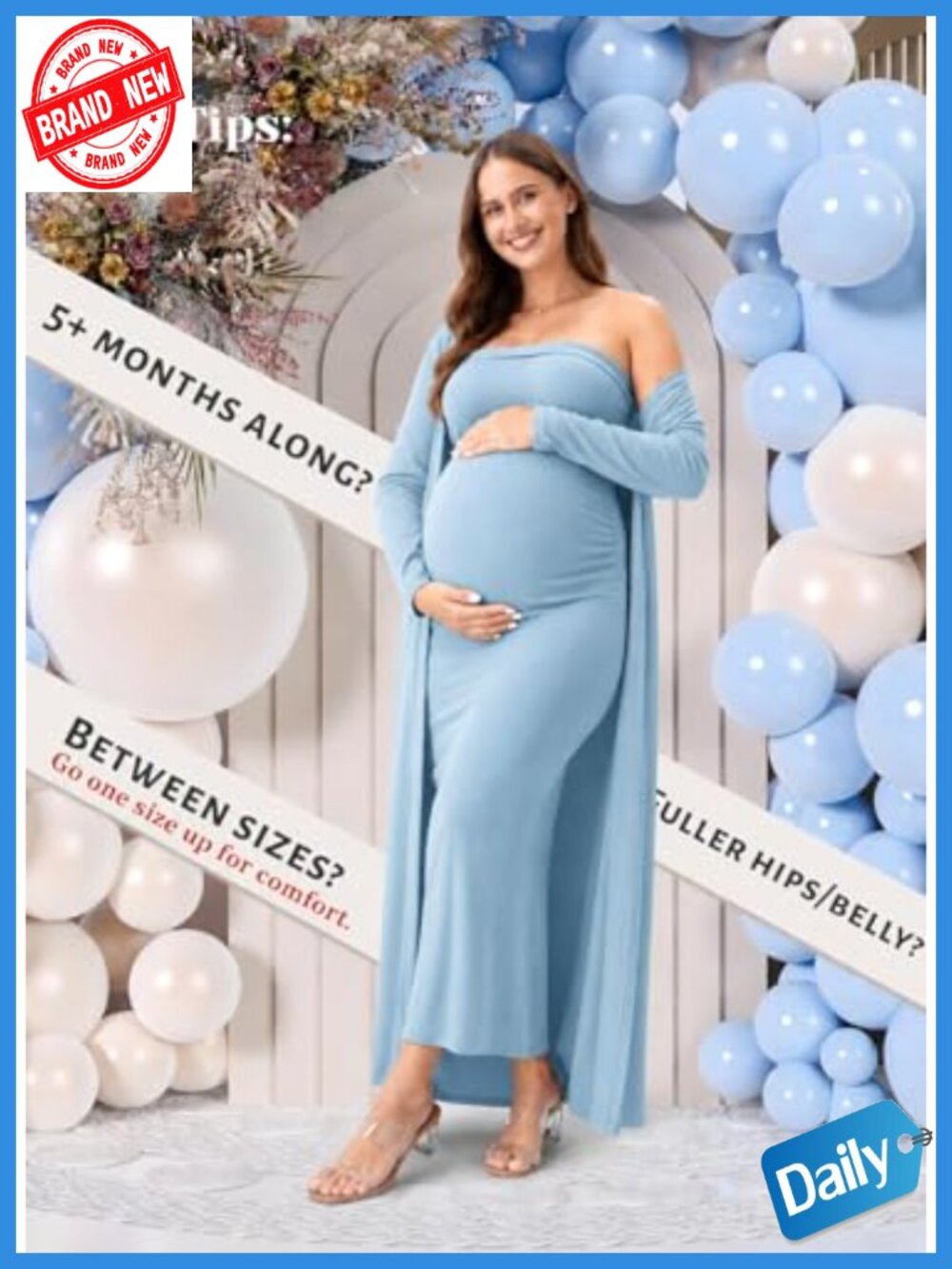 2 Piece Maternity Dress Cardigan Bodycon Strapless Maxi Dresses for Baby Shower - Picture 3 of 6